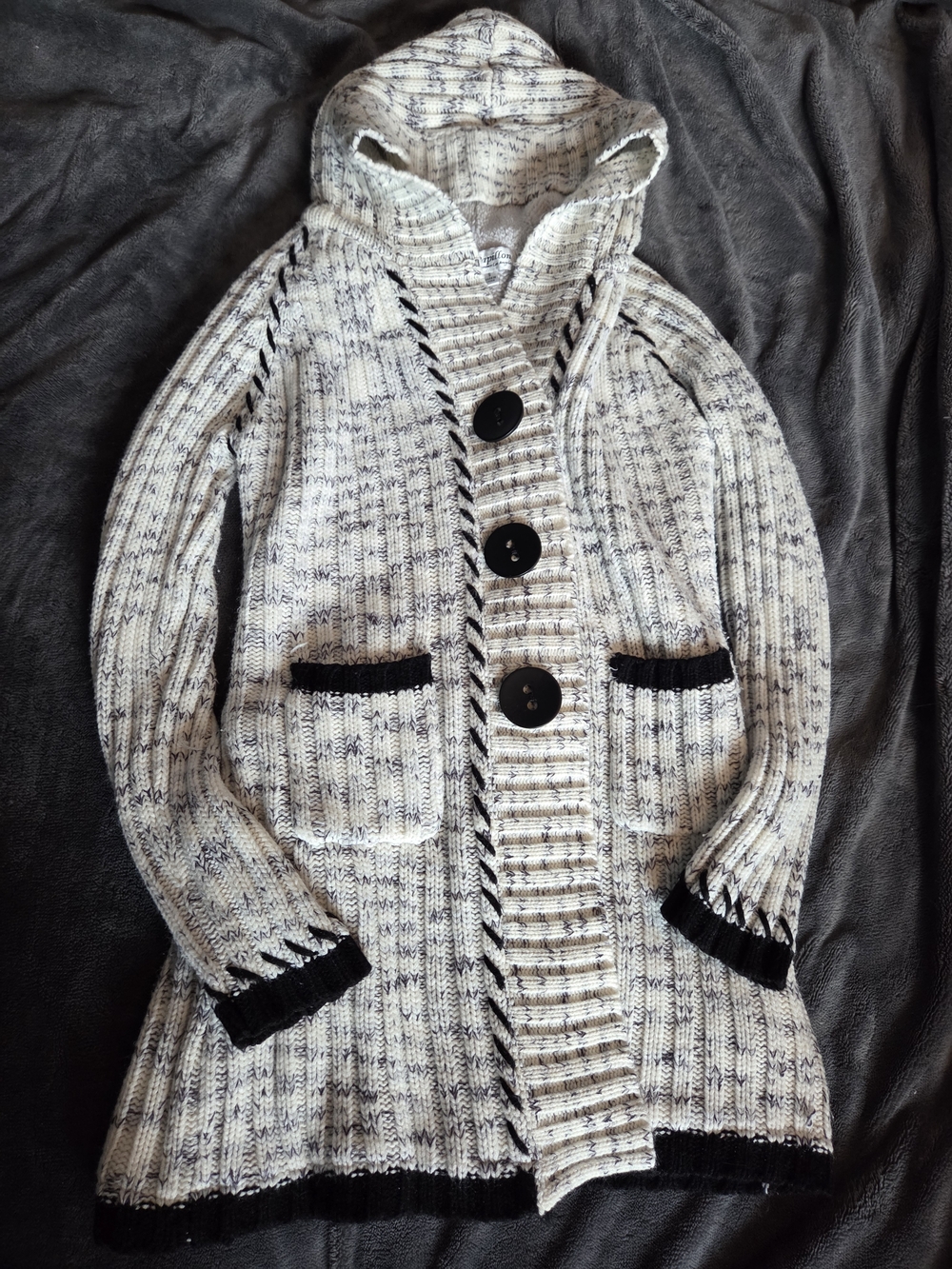 Cream Hooded, Knit Sweater With Black Trim And Sherpa Interior